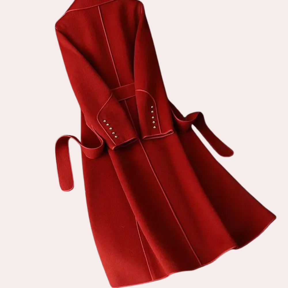Classic women's long belted coat. Stylish double-button design, ideal for elegant fall & winter fashion.