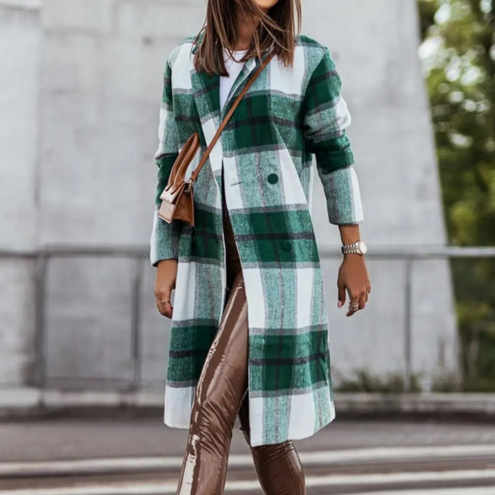 Elegant women's long coat with classic grey check pattern, perfect for stylish cold weather outerwear.