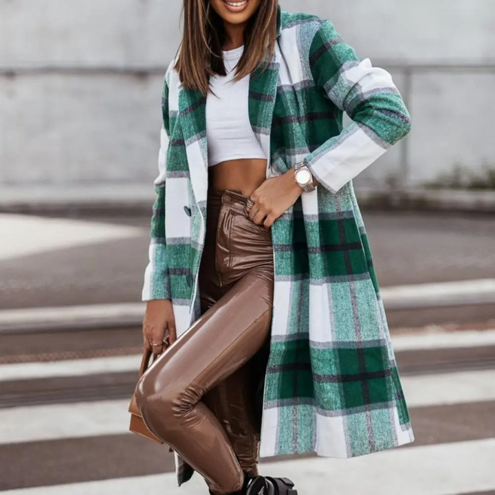 Timeless women's long check pattern coat in elegant grey, an essential stylish outerwear for a classic look.