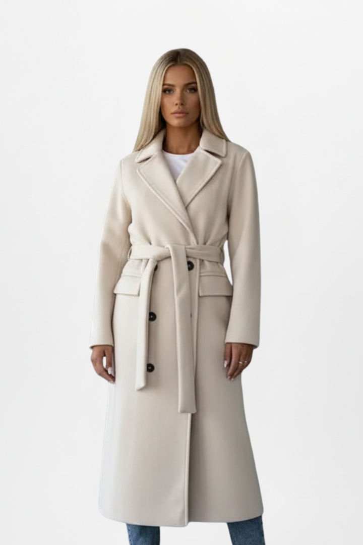 Elegant women's long double-breasted belted coat with notch collar, perfect for sophisticated workwear & fall fashion.