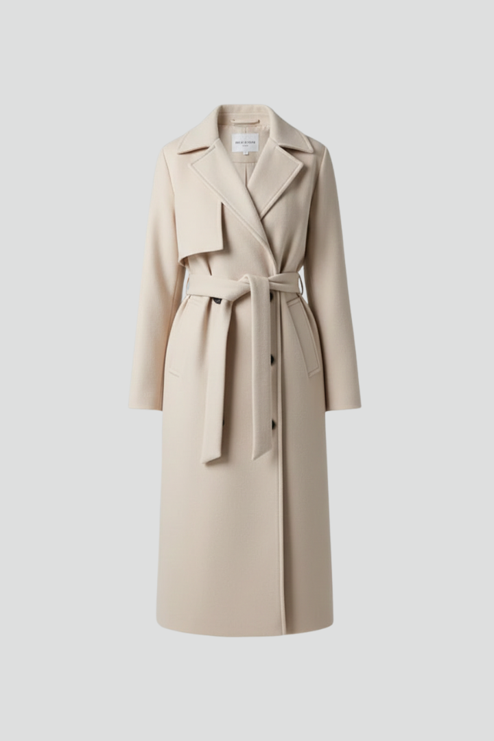 Sophisticated women's long winter coat, double-breasted with a belt, tailored for elegant city fashion & outerwear.