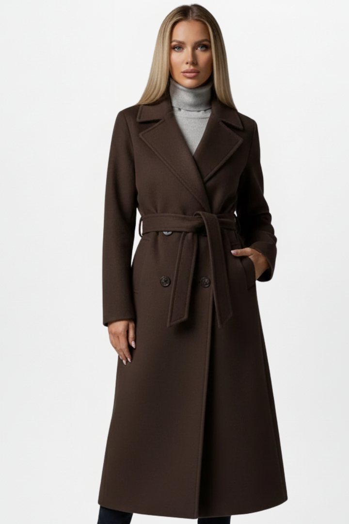 Women's long double-breasted belted coat with a classic notch collar. Sophisticated design for elegant workwear.