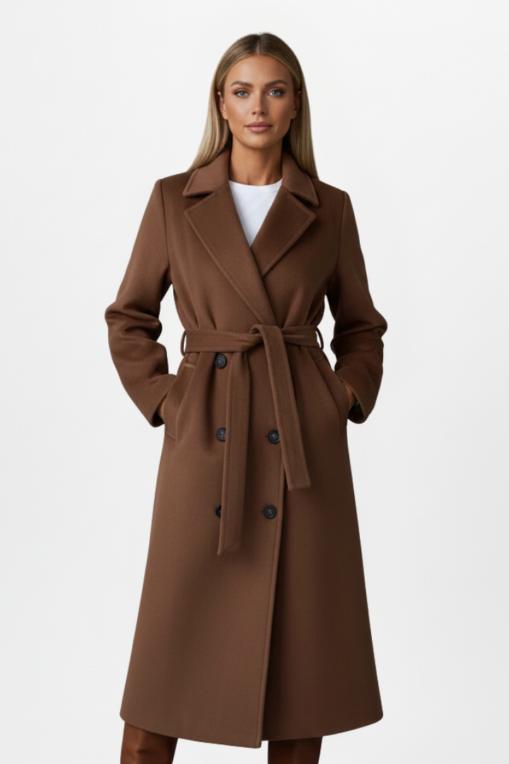 Elegant women's long outerwear for fall/winter. Double-breasted, belted, tailored, and stylish for city fashion.