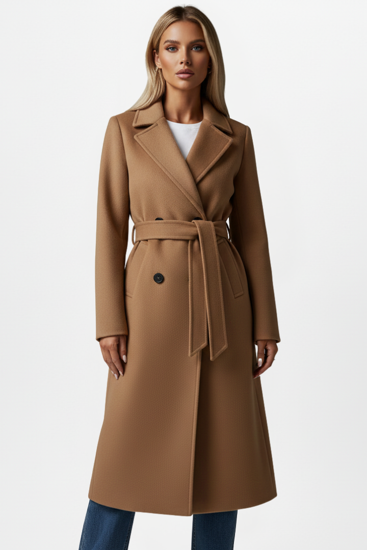 Versatile women's long coat: double-breasted, belted, tailored. Elegant workwear & fall/winter fashion outerwear.
