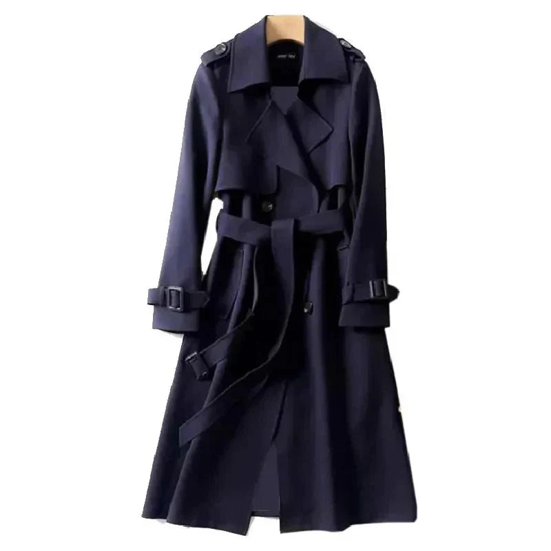 Classic women's double-breasted long trench coat with tie waist, perfect versatile outerwear for fall fashion.