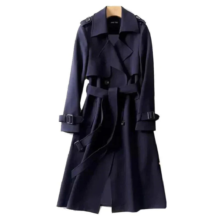 Classic women's double-breasted long trench coat with tie waist, perfect versatile outerwear for fall fashion.