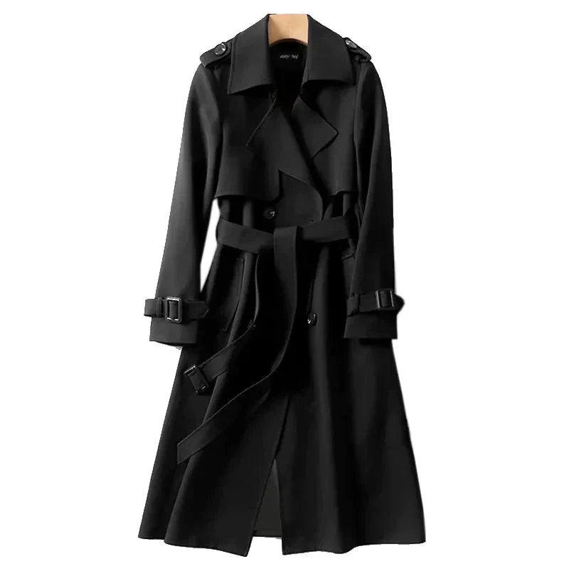 Stylish women's long trench coat, double-breasted design with a chic tie belt, great for spring jacket looks.