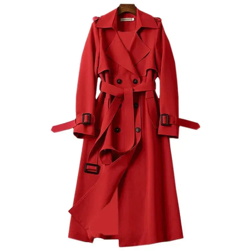 Women's versatile long double-breasted trench coat with a tie belt, perfect for elegant outerwear.