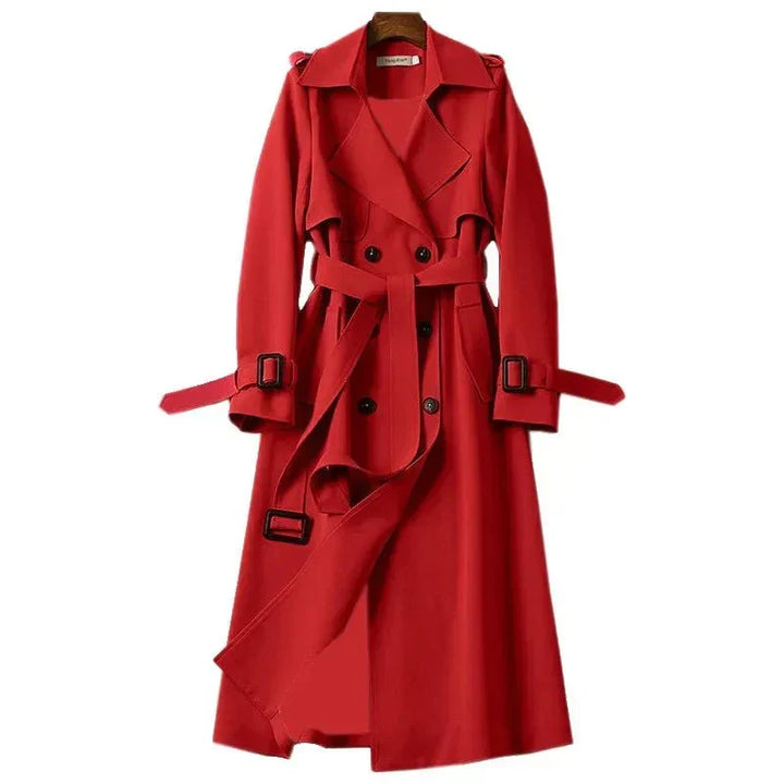 Women's versatile long double-breasted trench coat with a tie belt, perfect for elegant outerwear.