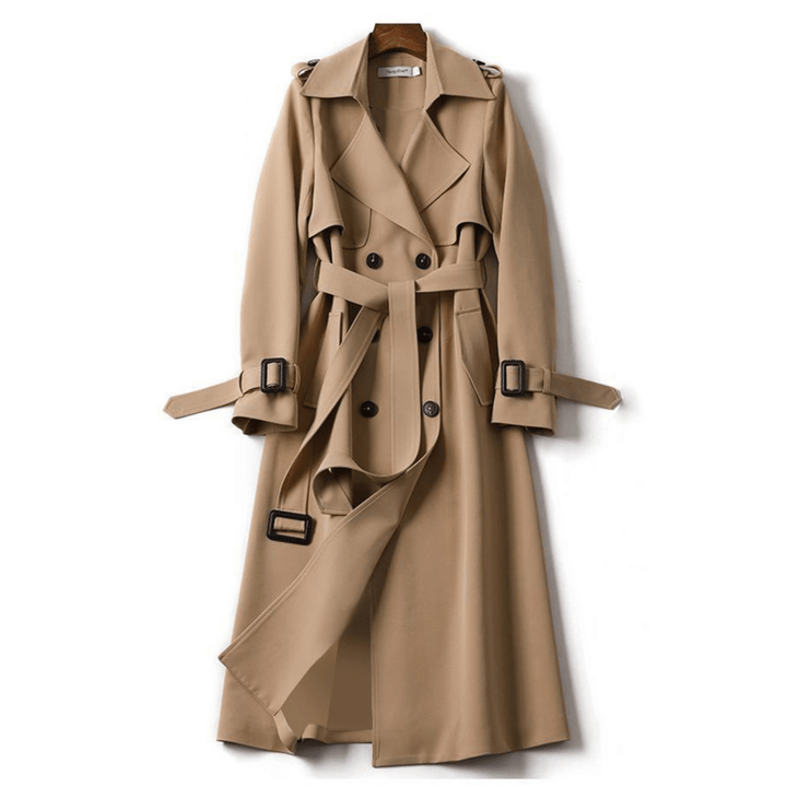 Smart women's long double-breasted trench coat with tie waist, a timeless piece for any wardrobe.