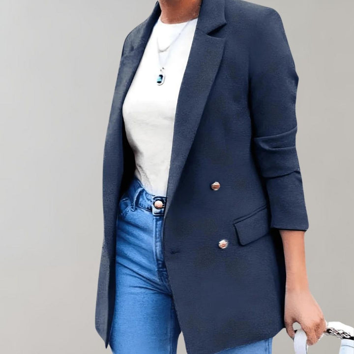 Stylish long jacket for women, Clara, offering comfortable and elegant outerwear for any season.