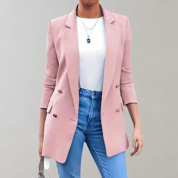Chic women's long jacket, Clara, a versatile seasonal coat perfect for modern ladies fashion.