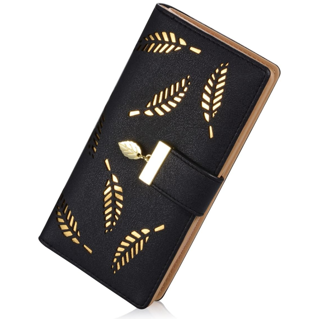 Stylish Leanne long leather wallet for women, features unique embossed leaf design