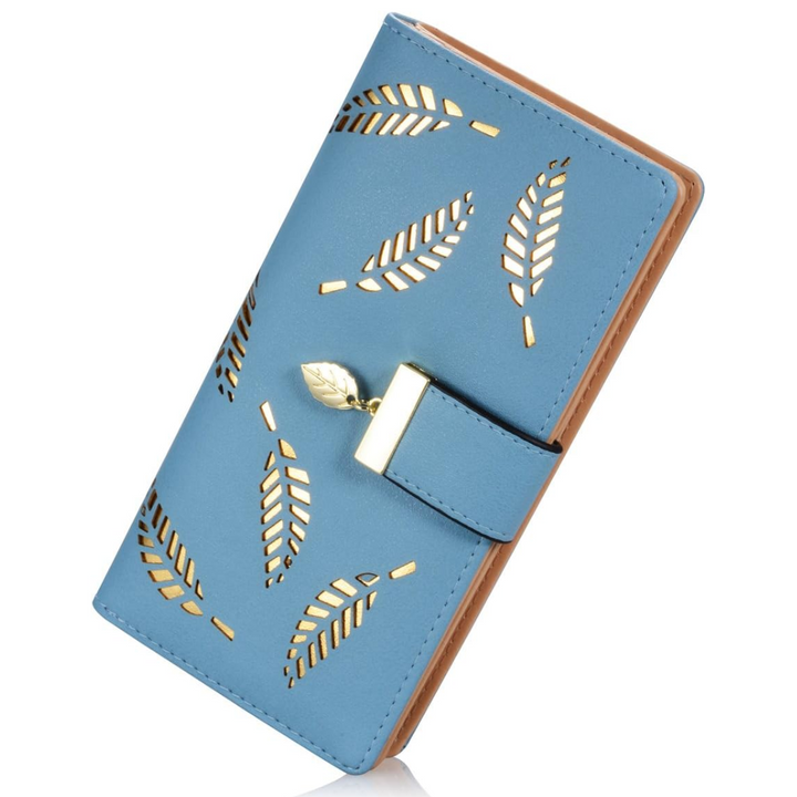 Close-up of a women's long leaf leather wallet showing fine craftsmanship and texture