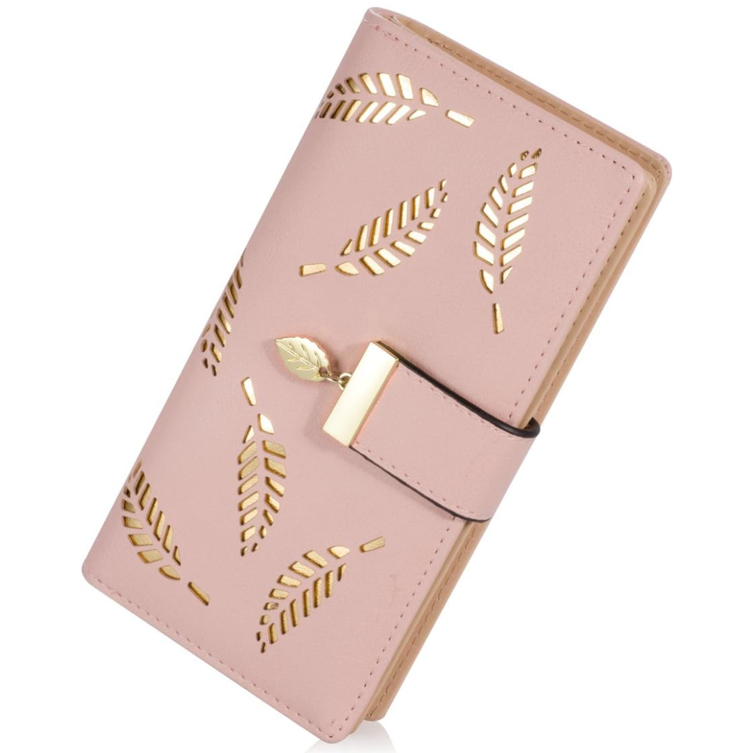 Open women's long leaf leather wallet revealing organized card holder and coin pouch