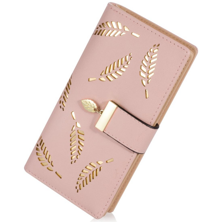 Open women's long leaf leather wallet revealing organized card holder and coin pouch