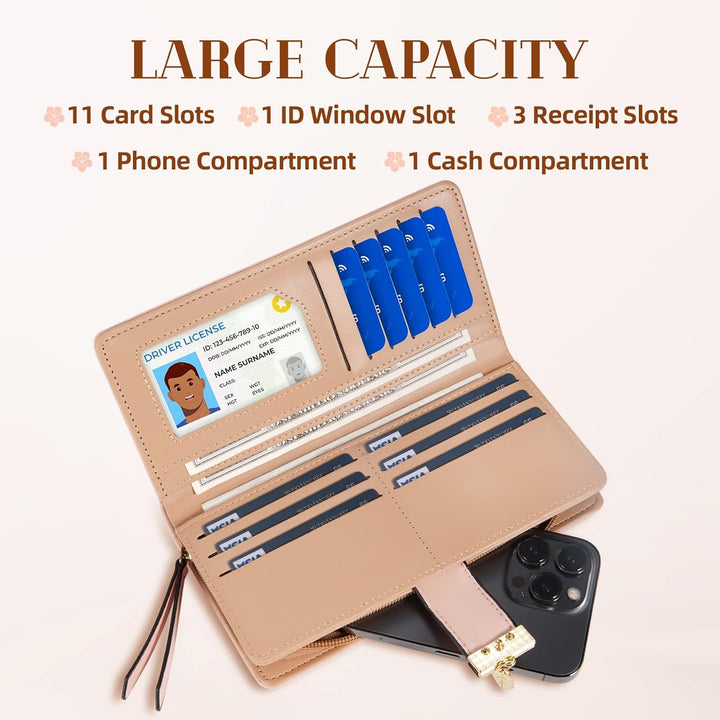 Sophisticated long leather wallet for women with a subtle and chic leaf design