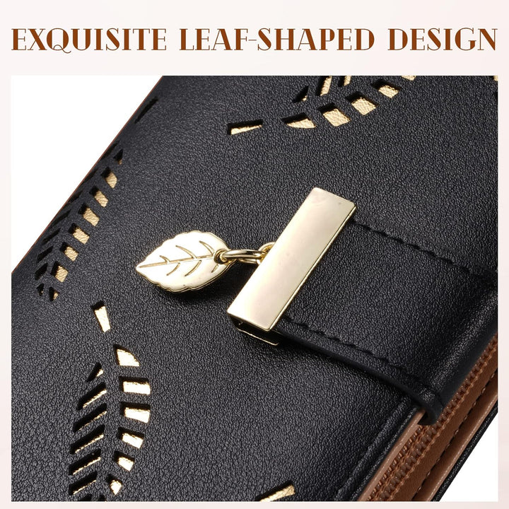 Hand holding a women's long leaf leather wallet, demonstrating its slim profile