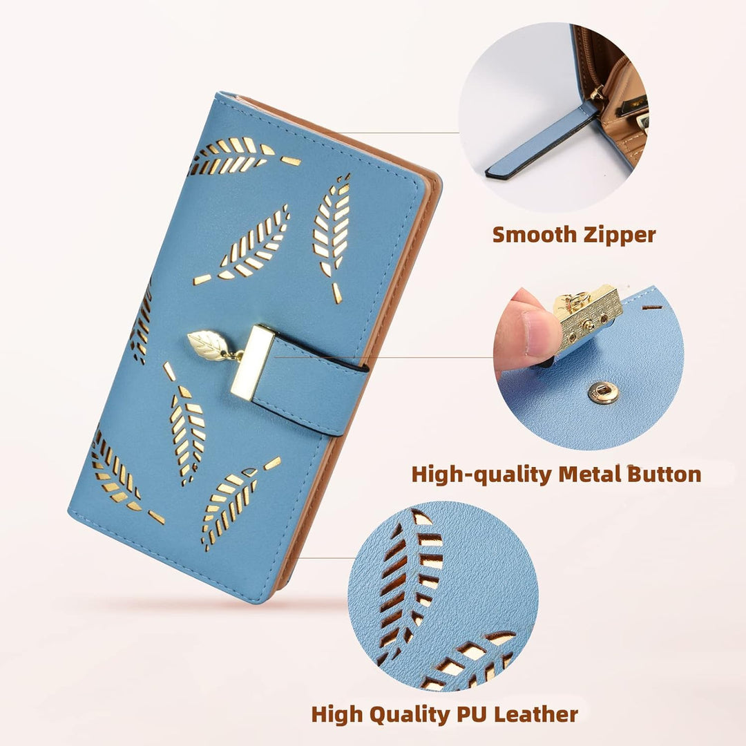 Front view of the Leanne women's long leather wallet, highlighting the elegant leaf artwork
