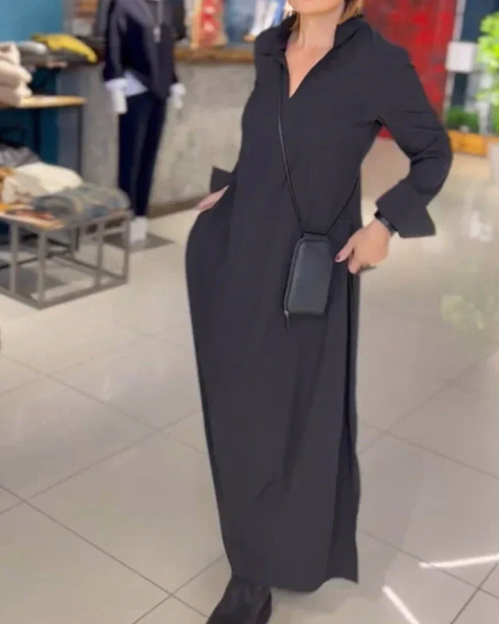 Elegant women's long loose maxi dress with stylish side slit & asymmetrical neckline, perfect for fall & spring.