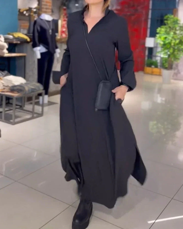 Versatile elegant women's long dress with a comfortable loose fit, trendy side slit, ideal for spring & fall.
