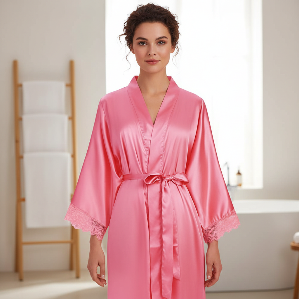 Elegant women's long lounge robe in a soft, comfortable fabric, perfect for all-season sleepwear.