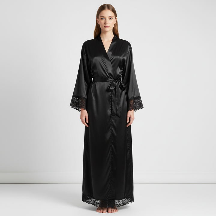 Luxurious women's long lounge robe, a soft bathrobe perfect for comfortable sleep and relaxation.