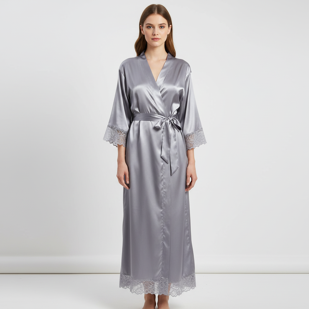 Elegant women's long lounge robe, soft and comfortable, a versatile all-season sleepwear garment.