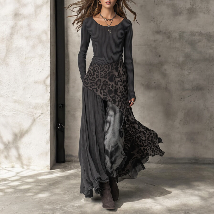 Elegant women's long maxi dress with chic leopard print accents, perfect for versatile fashion and special occasions.