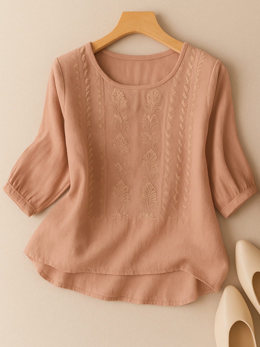 Feminine women's embroidered blouse, long sleeve. Stylish relaxed fit top suitable for casual or formal fashion.