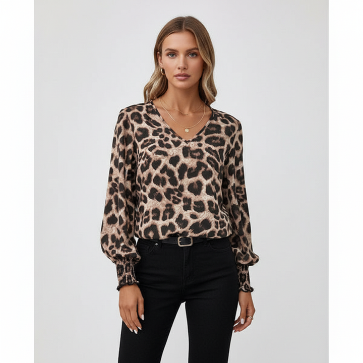 Fashionable women's leopard print V-neck blouse, perfect for autumn and winter