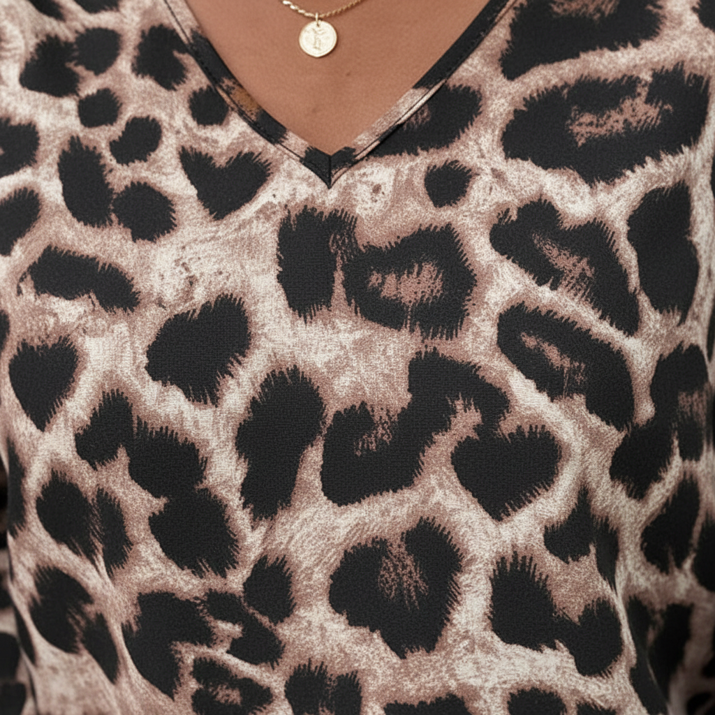 Women's elegant animal print long-sleeve blouse in a soft fabric, front view