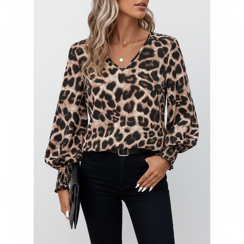 Close-up of a women's V-neck animal print blouse showcasing the chic leopard pattern