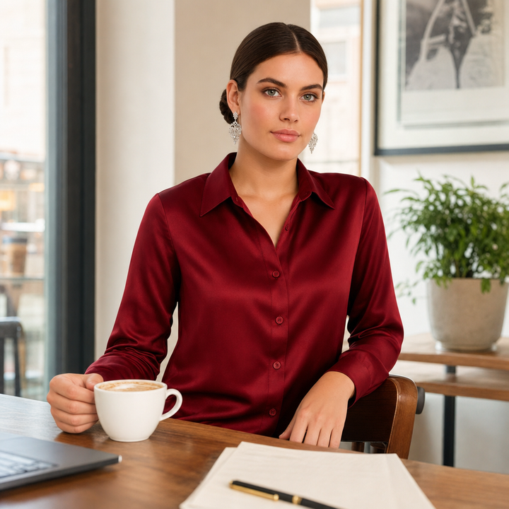 Chic women's button-up long sleeve top, ideal for versatile workwear looks.