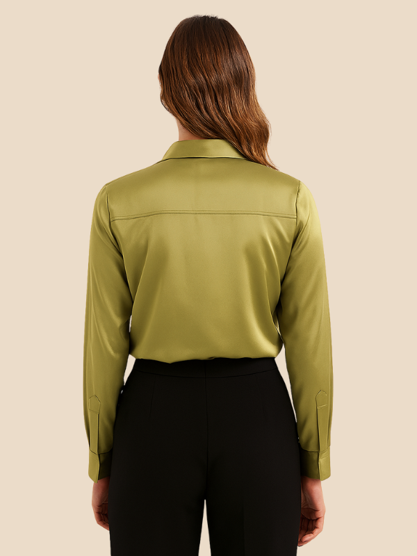 Women's elegant long sleeve button-up blouse, perfect for professional settings.