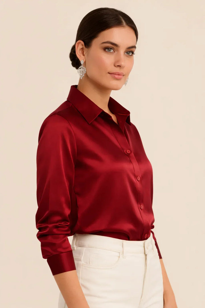 Stylish women's long sleeve button-down blouse, a versatile workwear staple.