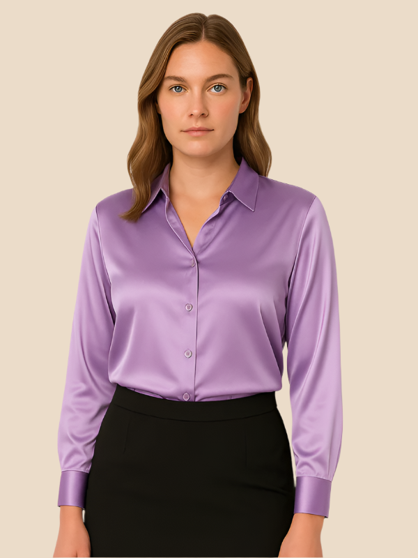 Professional women's long sleeve buttoned shirt, elegant & versatile for work.