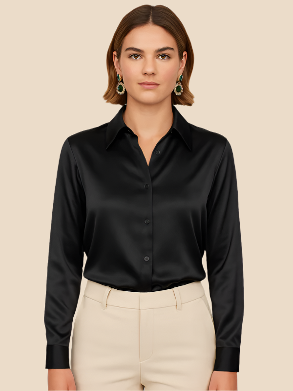 Classic women's button blouse with long sleeves, refined for professional settings.