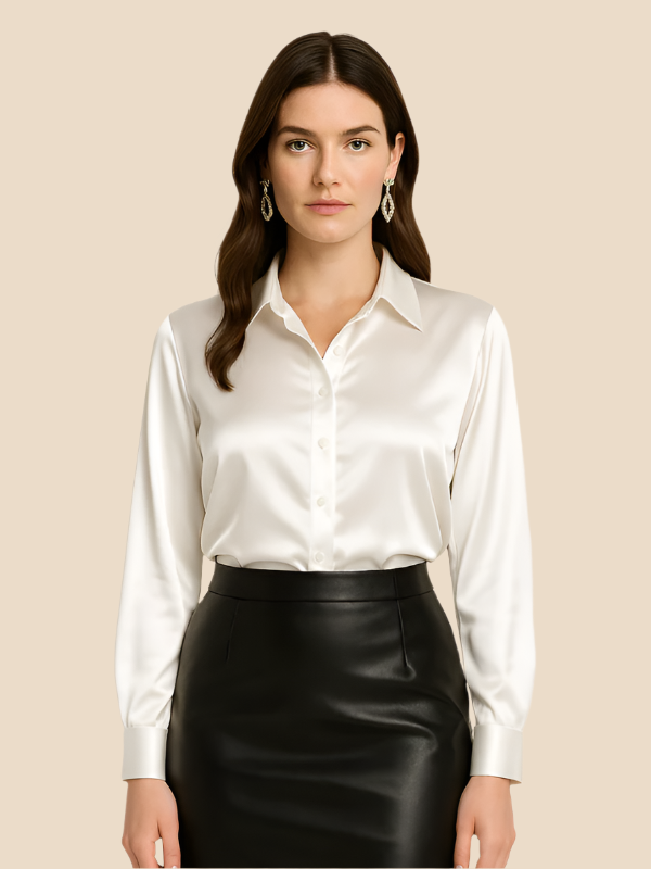 Versatile women's long sleeve button-up blouse, ideal for work and fashion.