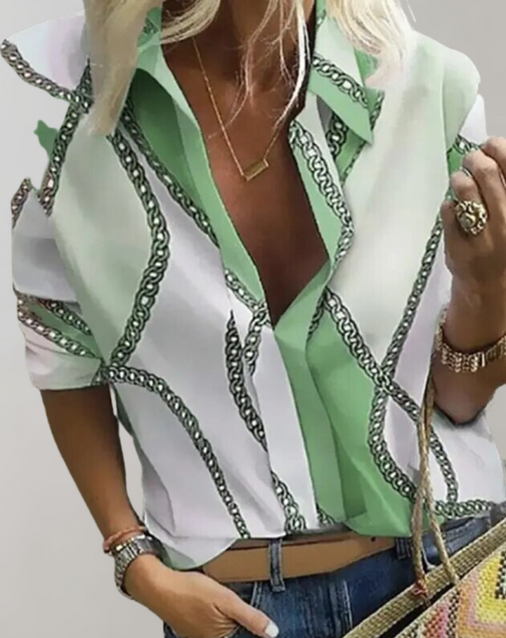 Elegant women's long sleeve chain print blouse, perfect for office workwear or casual chic style. Tailored fit top.