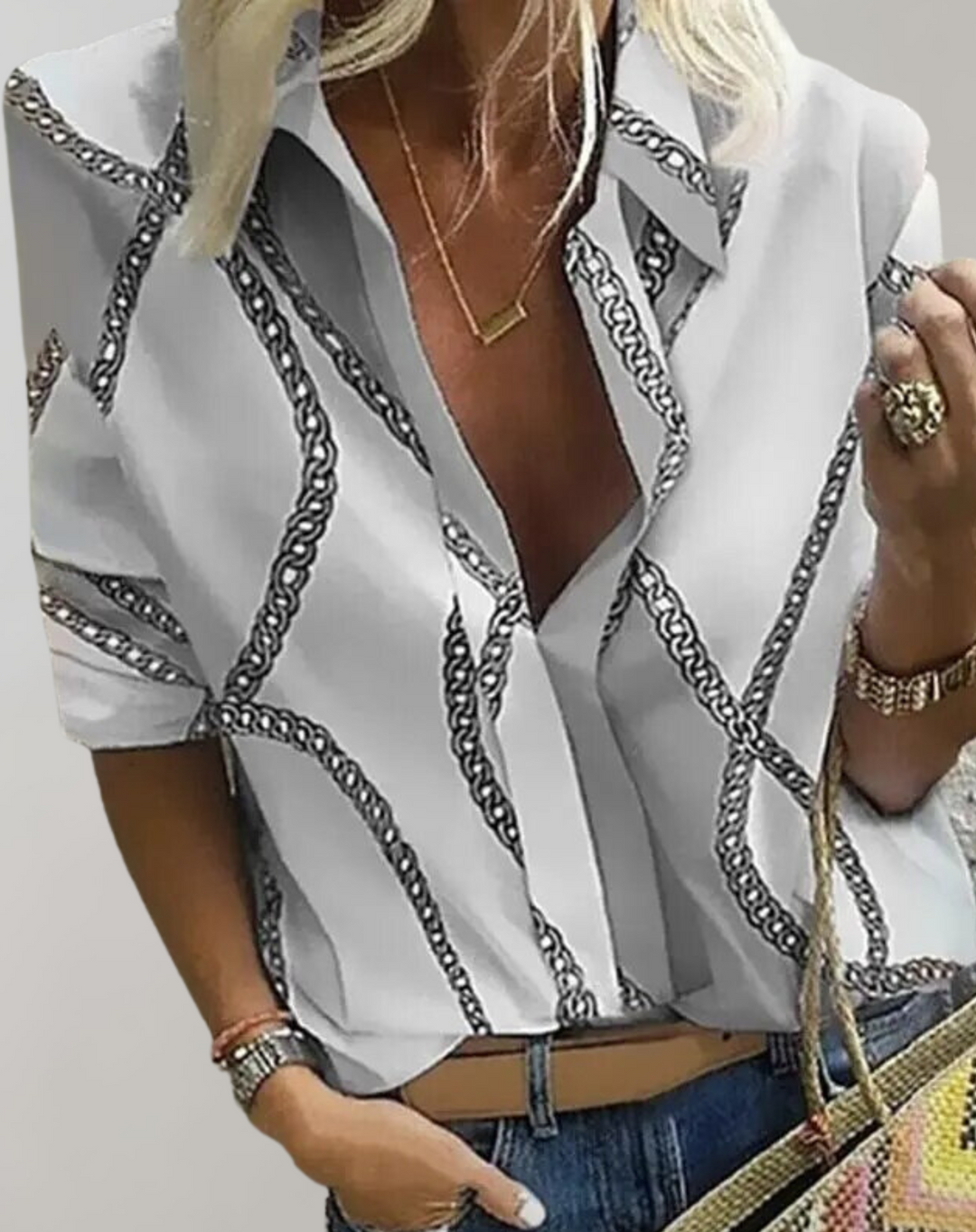 Sophisticated long sleeve women's chain print blouse. Tailored fit patterned shirt, great for work or elegant casual.