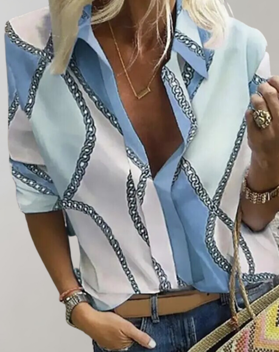 Women's elegant long sleeve chain print blouse, a versatile patterned top for workwear, office, or casual chic outfits.