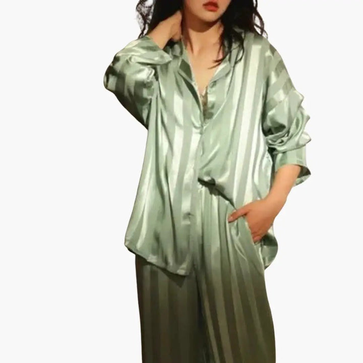 Elegant women's long sleeve lounge pajama set. Two-piece sleepwear, comfortable & relaxed fit for casual chic style.