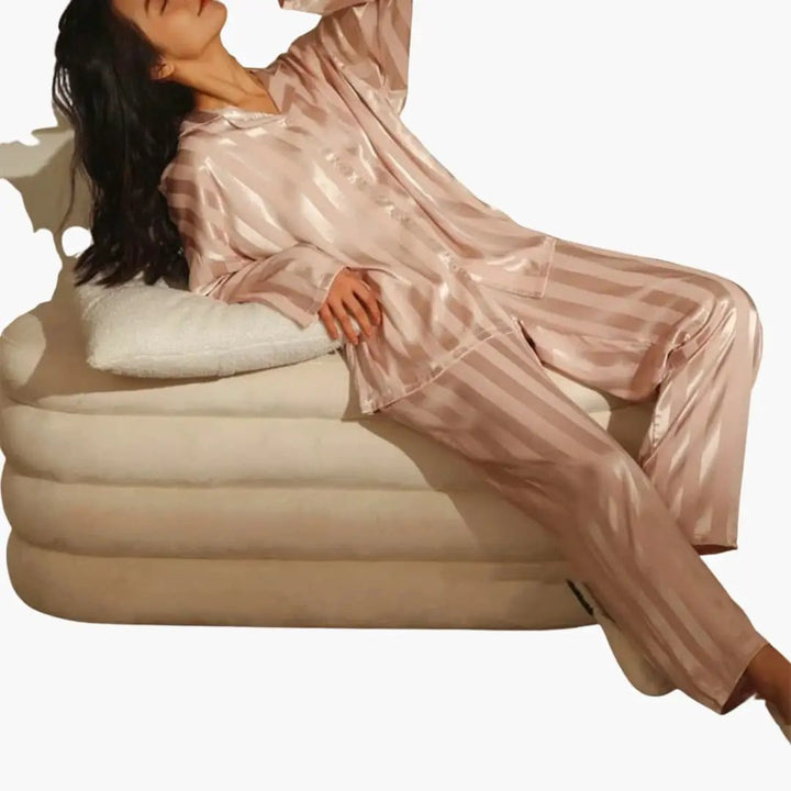 Versatile women's long sleeve lounge pajama set. Elegant two-piece sleepwear, comfortable for home & casual chic style.