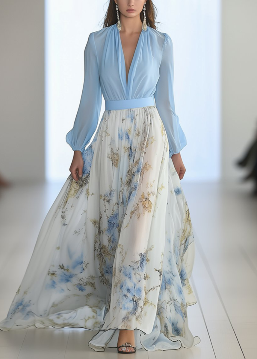 Elegant women's long-sleeve maxi dress with deep V-neck and beautiful floral print, perfect for occasion wear.