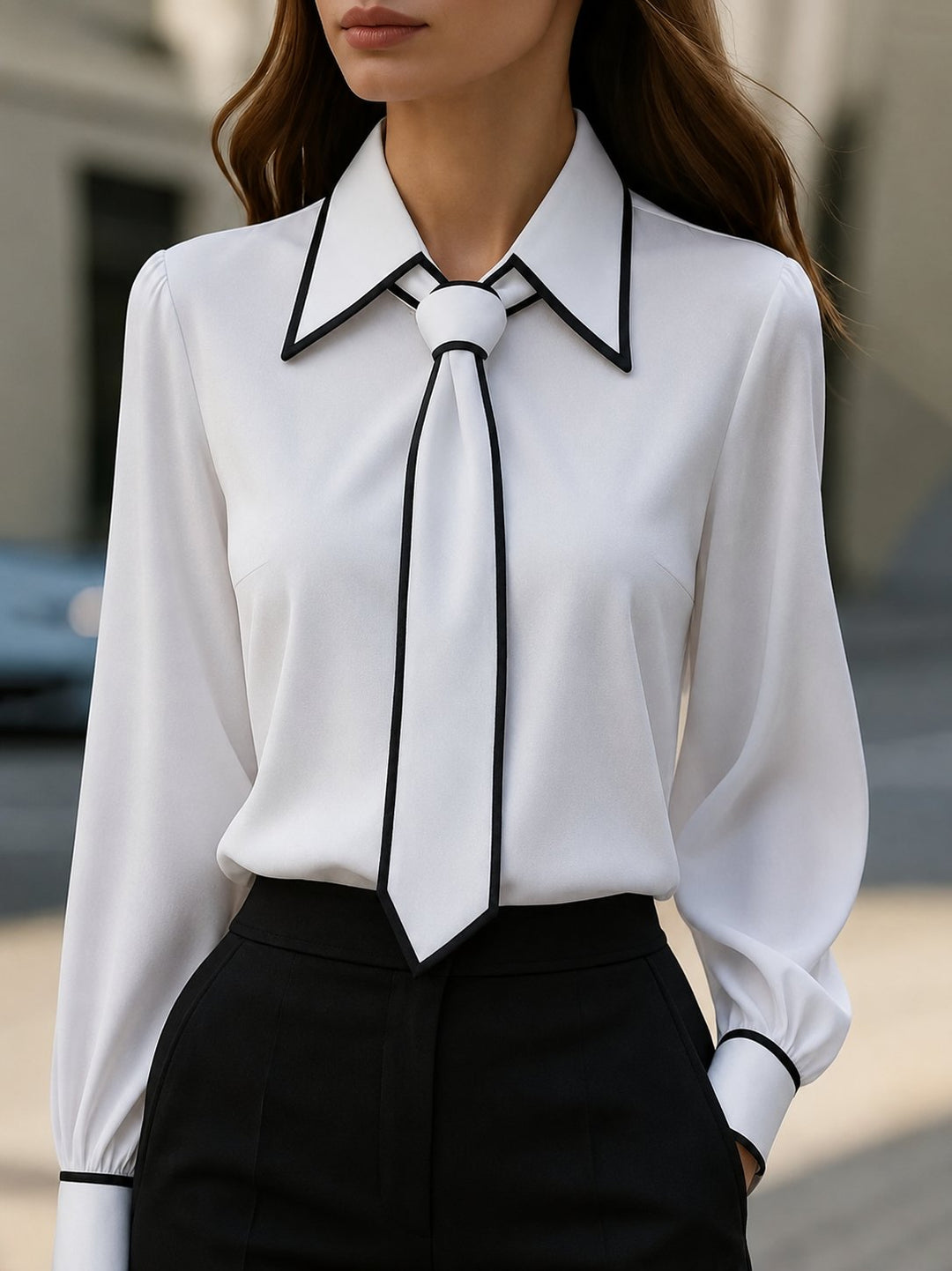 Elegant women's long sleeve tie neck button-down blouse with chic contrast trim. Ideal for office & smart casual.