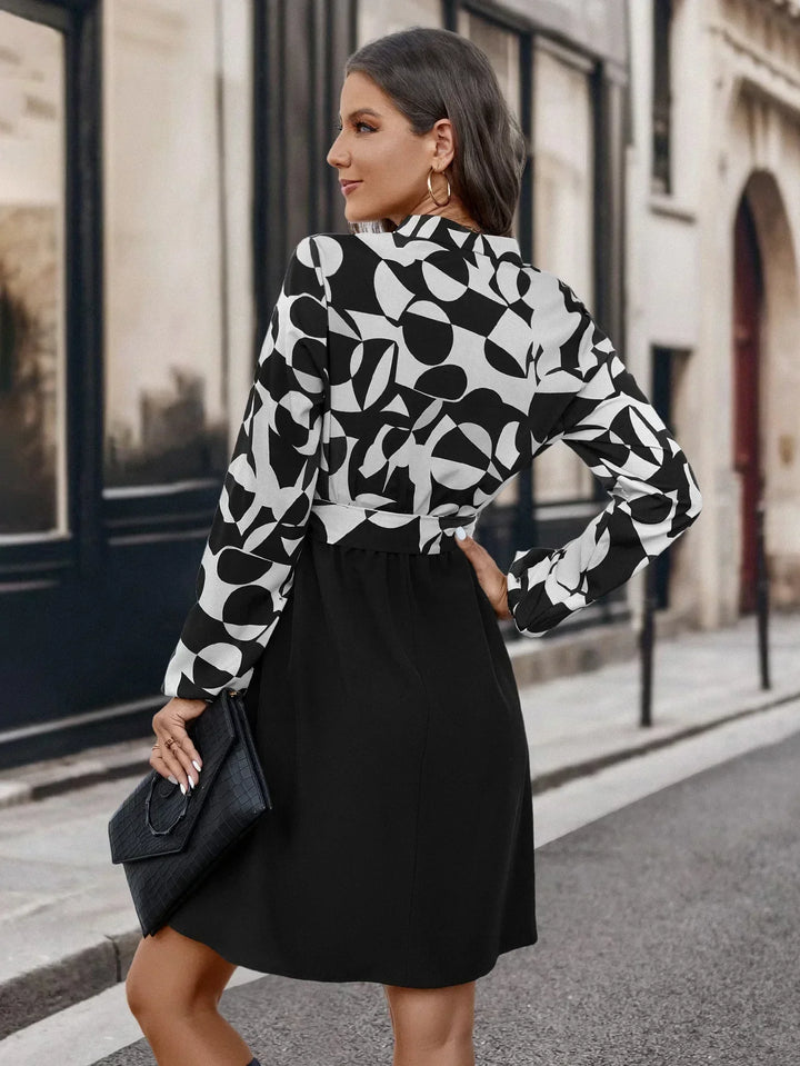 Modern women's V-neck long sleeve dress, knee-length. Chic and versatile everyday wear, perfect for spring or fall.