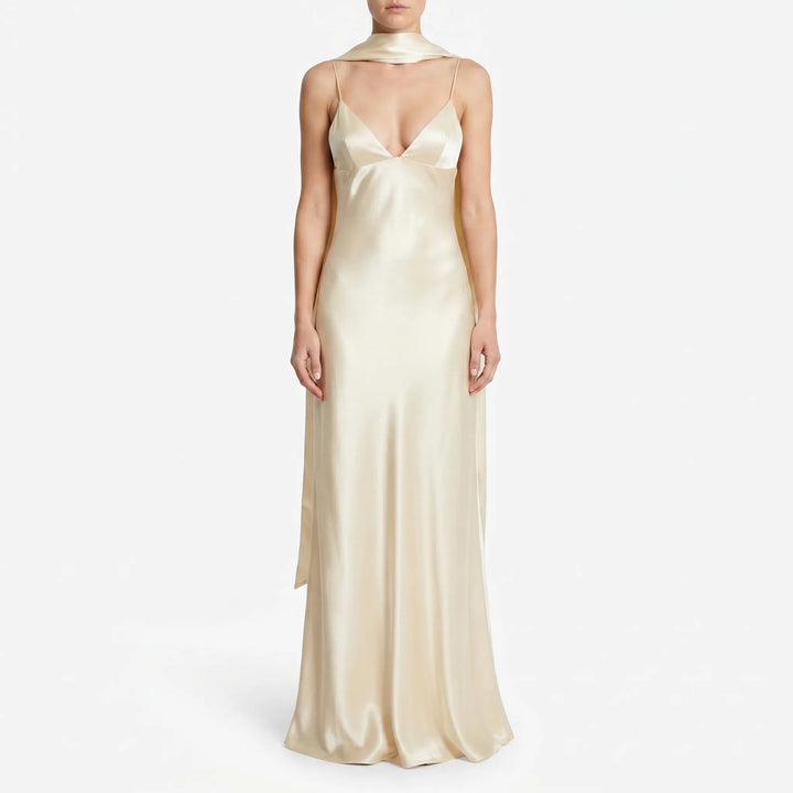 Formal women's long slip dress with elegant open back design. Perfect as an evening gown or special occasion party dress.