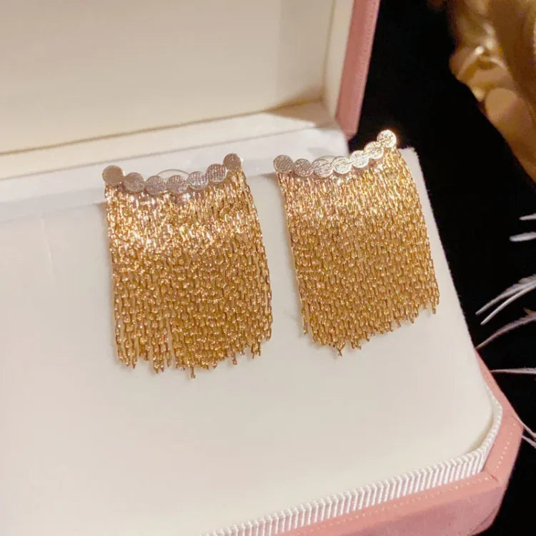 Chic women's gold plated long tassel drop earrings, ideal elegant jewelry for glamorous party and evening wear.