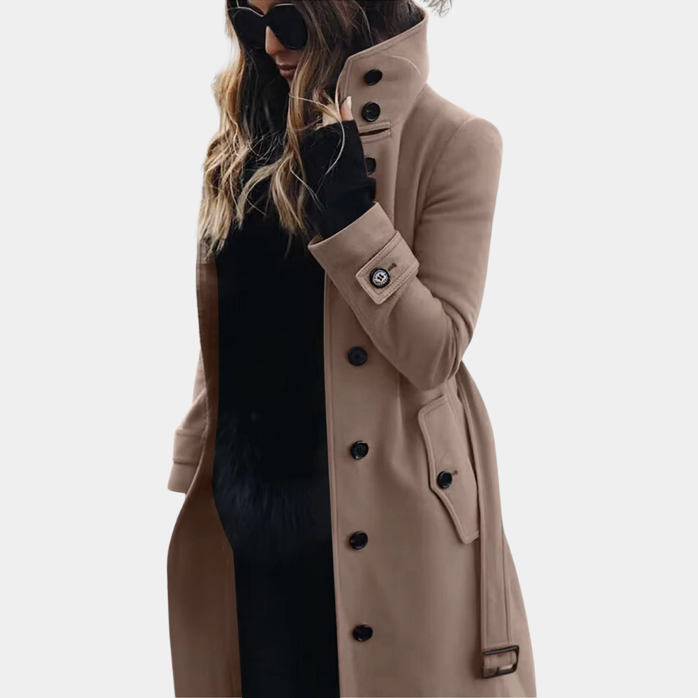 Elegant women's long trench coat in a classic style, perfect for versatile winter and fall outerwear.